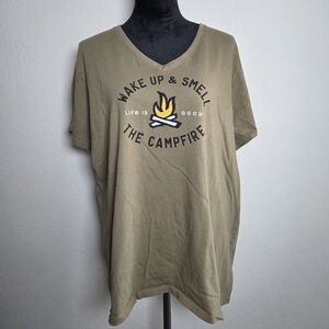 Wake Up & Smell the Campfire Life Is Good Olive Crusher Tee Womens Size XXL